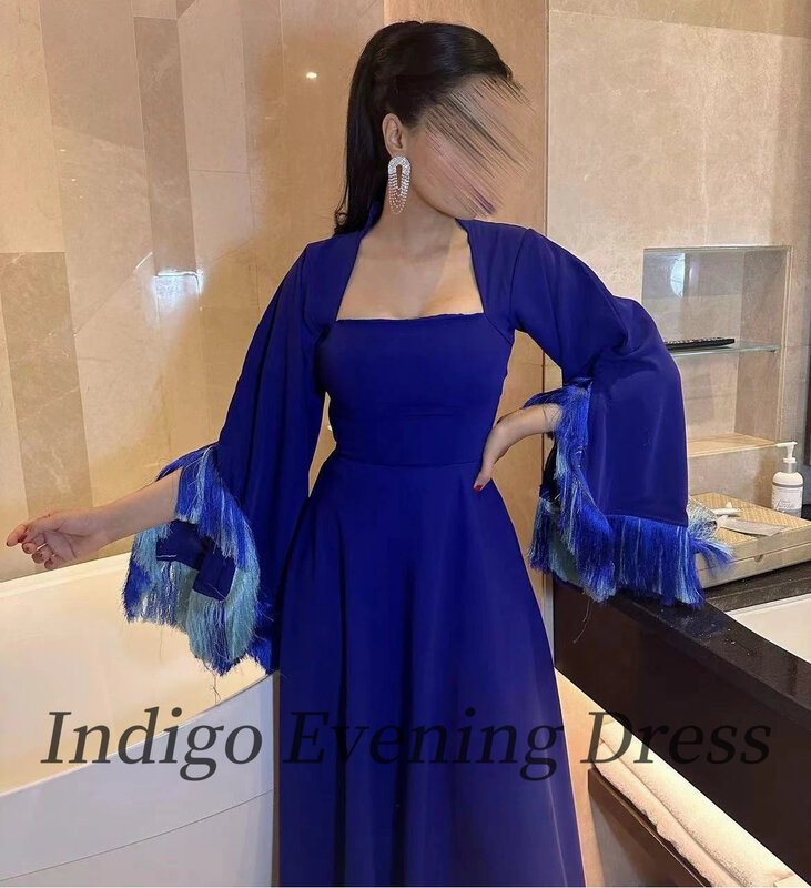 Indigo Royal Blue Evening Dresses Square Neck Floor-Length Tassel Sexy Backless Women Formal Occasion Dress 2024 robes de soirée