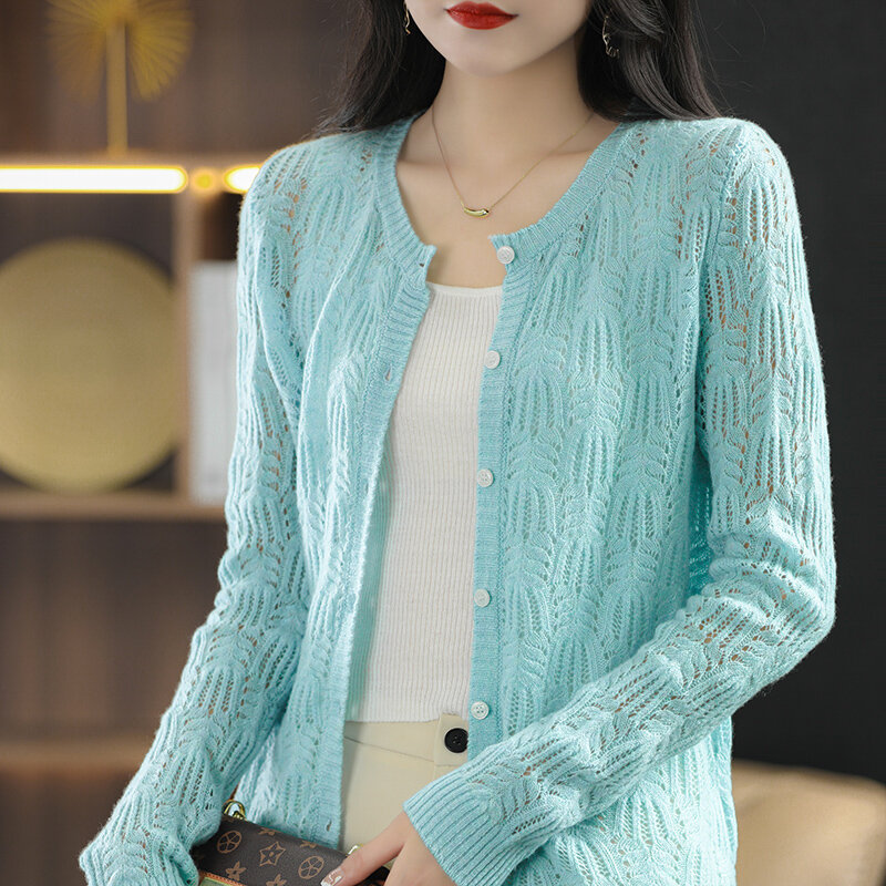 Новинка 2022, свитер, вязаный кардиган на весну и осень, Женская куртка, вязаная рубашка с круглым вырезом и прорезями в Корейском стиле