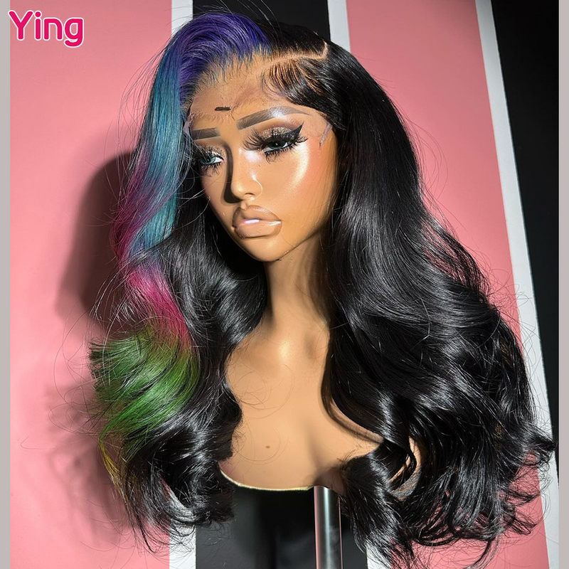 Ying-Peluca de cabello humano con malla frontal para mujer, postizo de encaje transparente de 13x4, con ondas de cuerpo rosa de 13x6, predesplumada, Bleu