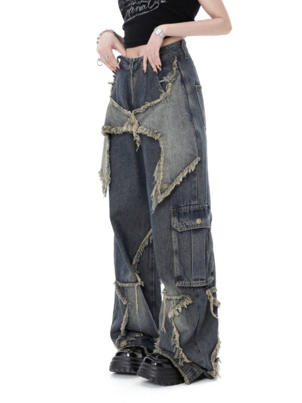 Casual Star Tassel Trousers american Style Retro High Street Jeans Women's Spring Summer New Loose Wide Leg Pants Trendy Punk