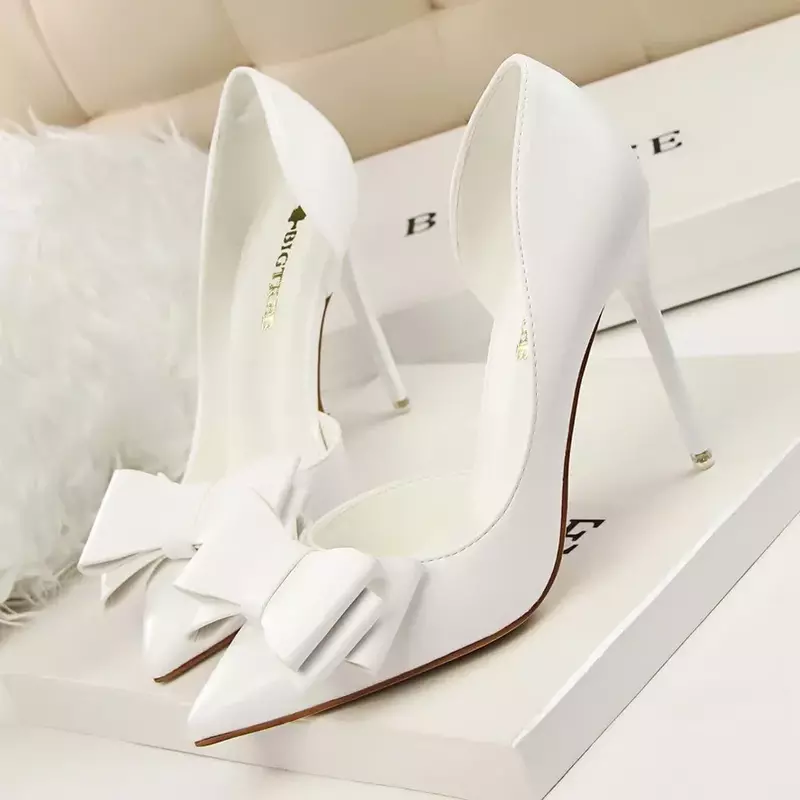 2023 Fashion Delicate Sweet Bowknot High Heel Shoes Side Hollow Pointed Women Pumps Pointed Toe 10.5CM thin Dress Shoes