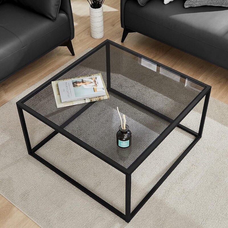Meja kopi kaca, meja kopi kecil Modern kotak sederhana untuk ruang tamu 26.7x26.7x15.7 inci