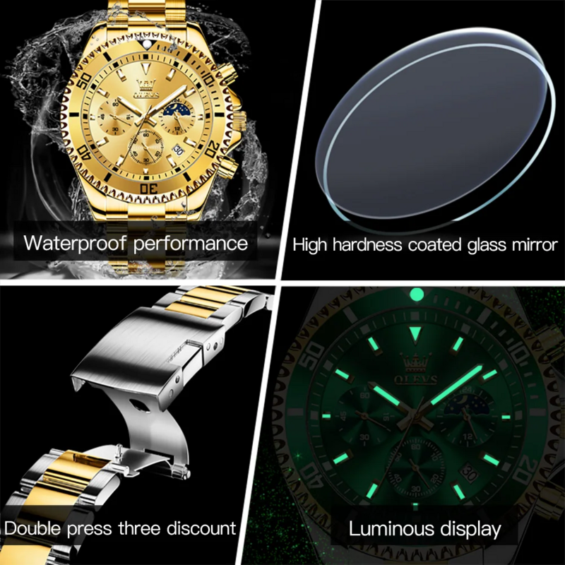 OLEVS 남성용 스테인리스 스틸 스트랩 시계, 골드 쿼츠 시계, 방수 문 페이즈 캘린더, 럭셔리 남성 손목시계, 오리지널 브랜드