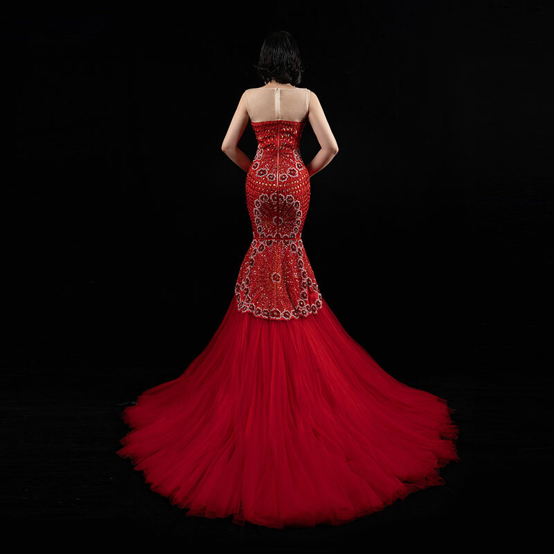 Luxus benutzer definierte Abendkleid rot weiblich maßge schneiderte Anzug schwere Perlen für das jährliche Treffen Abendessen Hochzeits show schlanke Meerjungfrau Kleid ff56