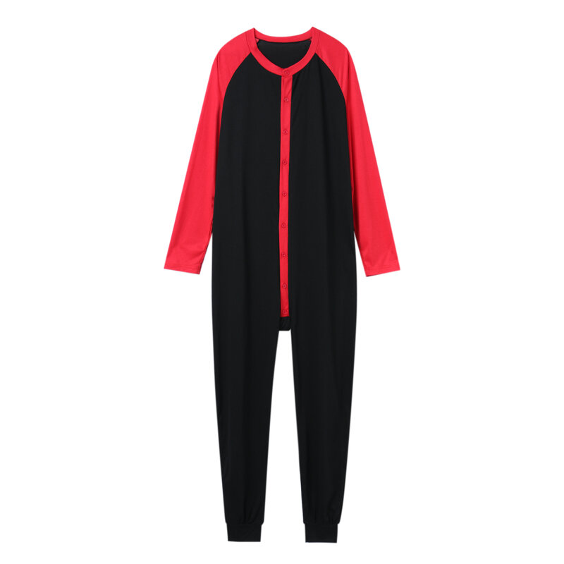 Men s Button Down  s Pajama Long Sleeve Round Neck Color Block Jumpsuit Nightwear For Adults