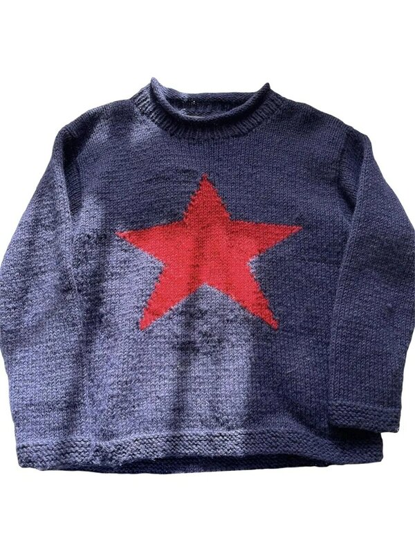 Pulôver de malha padrão estrela para mulheres, suéter de manga comprida, tops casuais, gola redonda, inverno