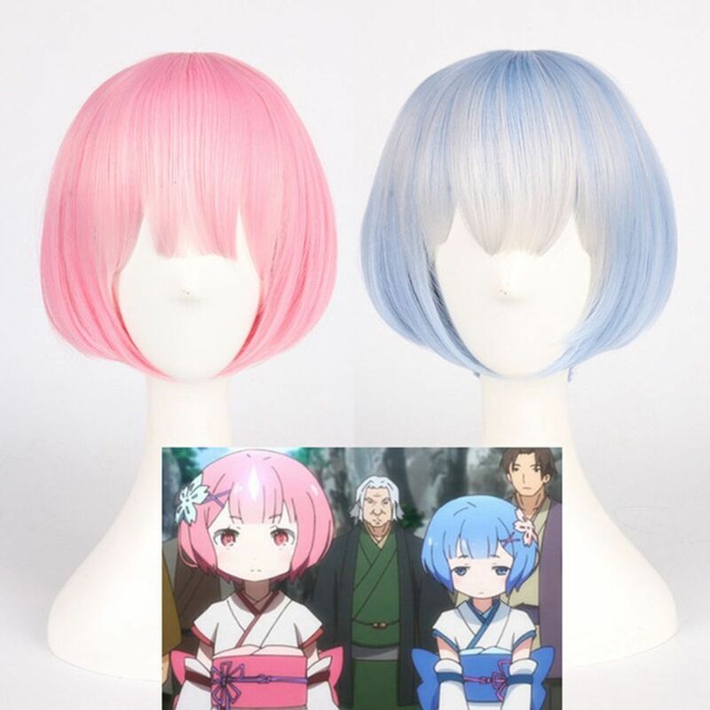 Rem Ram maid biru merah muda anime cosplay Lucu pendek lurus headband sintetis wig rambut Pelucas penggunaan pesta sehari-hari