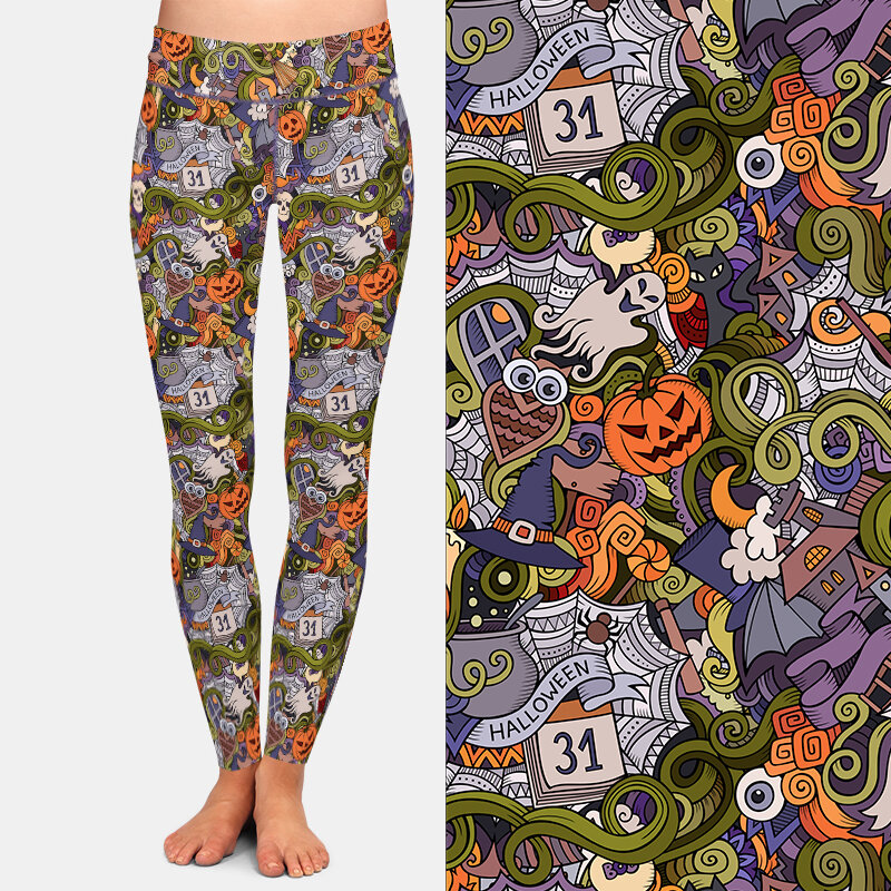 LETSFIND-Leggings femininos de cintura alta fitness, calças finas stretch, doodles desenhados à mão sobre o tema do padrão de Halloween