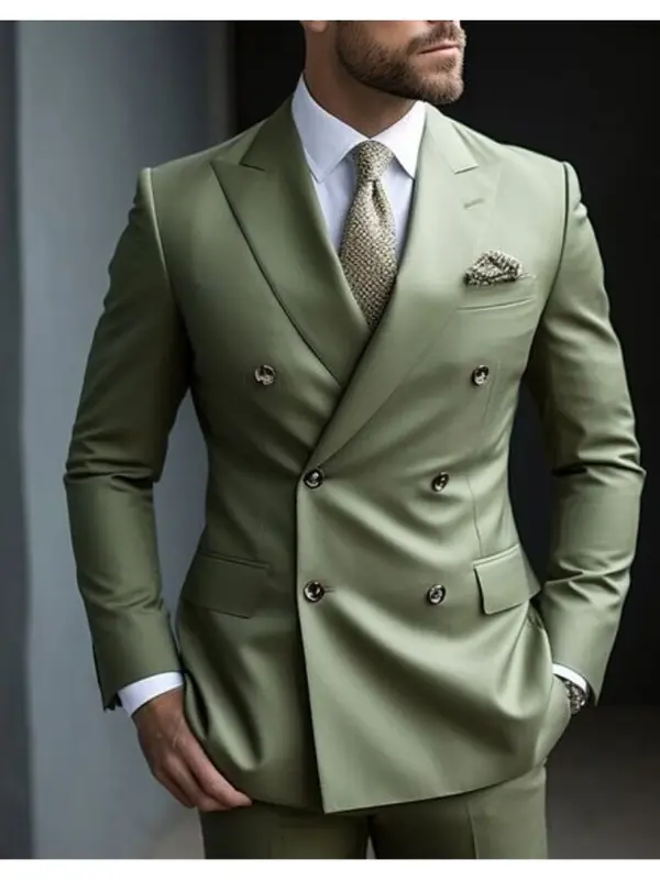 Green Men's Wedding Suits Solid Color 2 Piece Daily Plus Size Double Breasted Six-buttons Formal Business Suits
