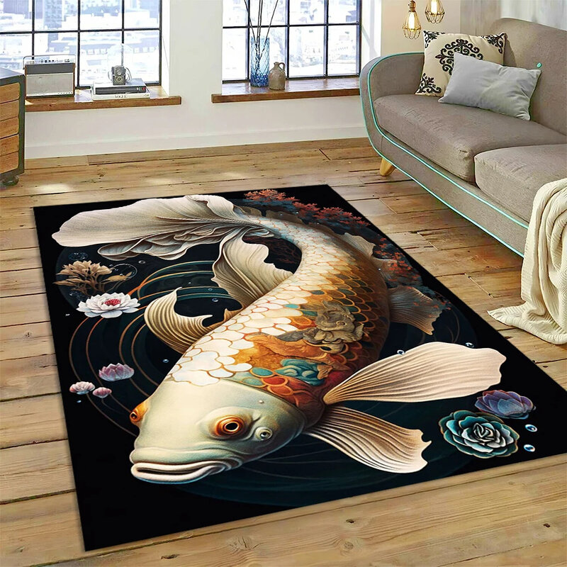 Koi Carp Naturalize Yin Yang Fish Cartoon Carpet, Floral Area Rug for Living Room Bedroom Sofa Doormat Decor, Non-slip Floor Mat