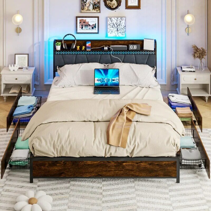 Rozmiar Queen łóżko z pełnymi bokami rama z tapicerowanym zagłówkiem półki i 4 szuflady do przechowywania pod łóżkiem, wylot z portem ładowania i