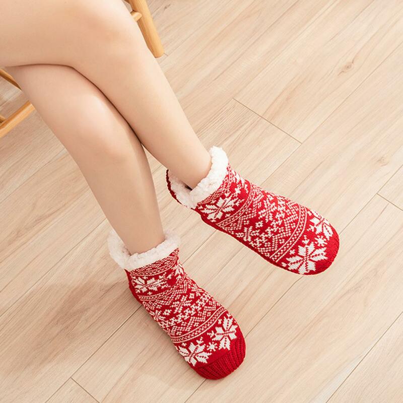 Носки для сна, зимние носки для пола, толстая плюшевая подкладка, принт снежинок, вязаные эластичные теплые противоскользящие носки средней длины для женщин