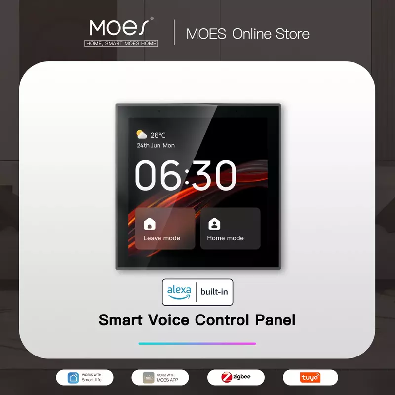 MOES-Tuya 와이파이 터치 센터 제어판, 알렉사 내장 음성 제어 및 ZigBee 게이트웨이 스마트 장면 4 인치 화면