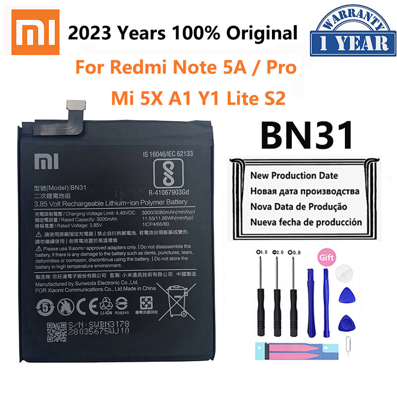 Batería de teléfono Original 100% para Redmi Note 5A, Prime S2, Xiaomi Mi 5X, A1, Mi5X, BN31, batería de repuesto 5A Pro, Y1, MiA1, S2