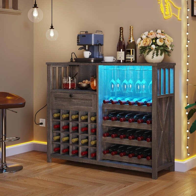 DWVO 47" Wine Bar Cabinet with LED Lights and Power Outlets, Industrial Liquor Cabinet with Storage and Drawer