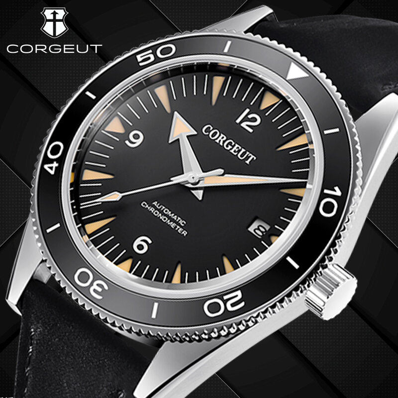 Corgeut นาฬิกาหรูนักธุรกิจผู้ชายสำหรับผู้ชาย, ใหม่41มม. NH35กระจกแซฟไฟร์กลไกอัตโนมัติกันน้ำได้นาฬิกา cowhide reloj