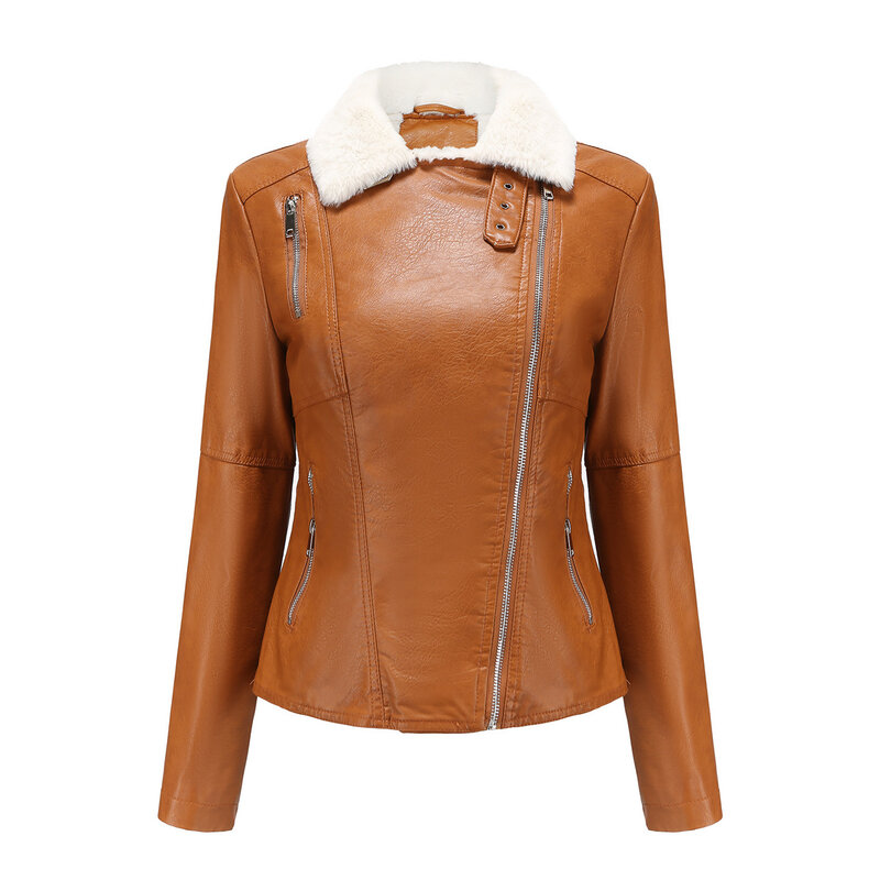 여성용 라펠 지퍼 가죽 재킷, 단색 플러스 벨벳 긴팔 따뜻한 재킷, 캐주얼 올매치, 가을 및 겨울 패션