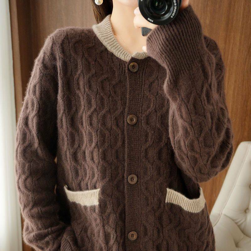 Jesienno-zimowy nowy okrągły dekolt kardigany z dzianiny luźny sweter damski sweter z długim rękawem sweter ocieplony sweter Femme