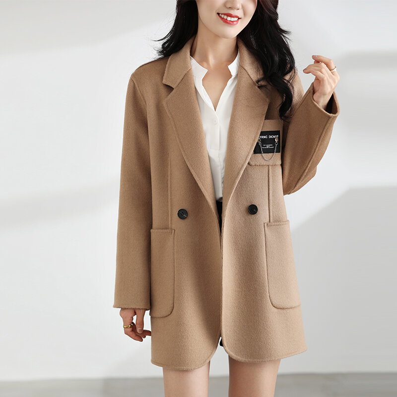 Nowy wysokiej jakości dwustronny kaszmirowy płaszcz jesienno-zimowy damski długi płaszcz na co dzień z czystej wełny