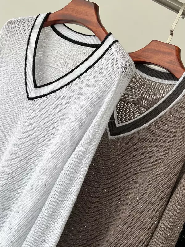 Женский вязаный свитер, новинка 2024, льняной контрастный Свободный Повседневный пуловер с V-образным вырезом и длинным рукавом, с блестками