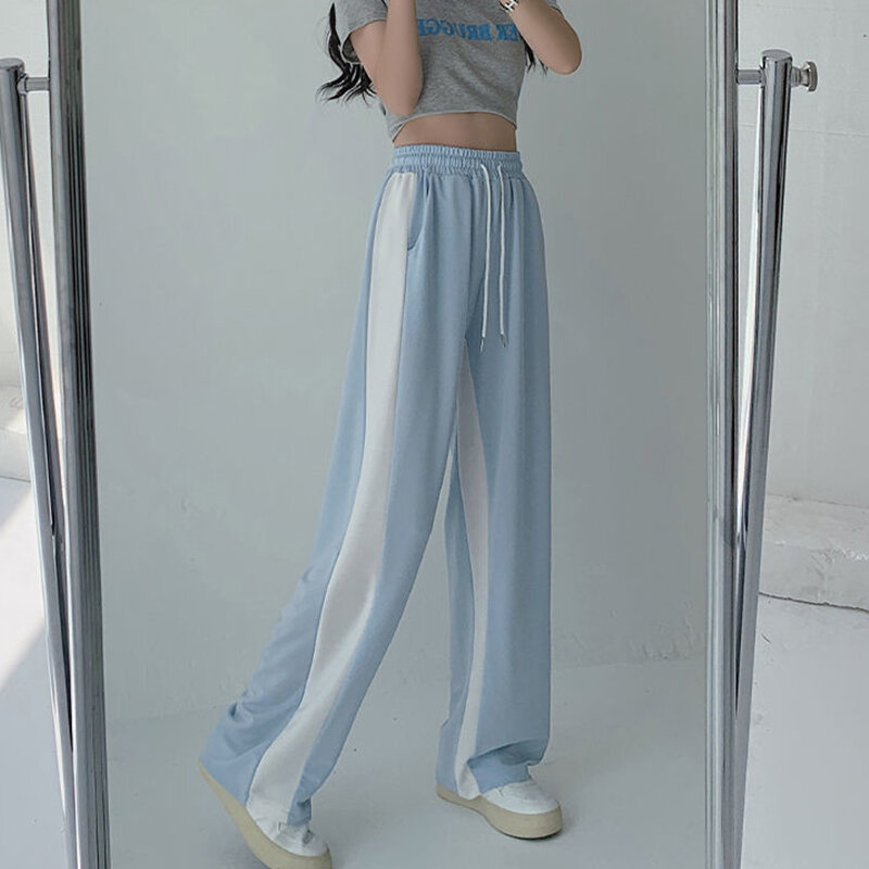 Summer Thin High Waist Loose Fashion Ice Sports Pants Women's Color Blocking Pocket Drawstring Wide Leg Casual Straight Trousers