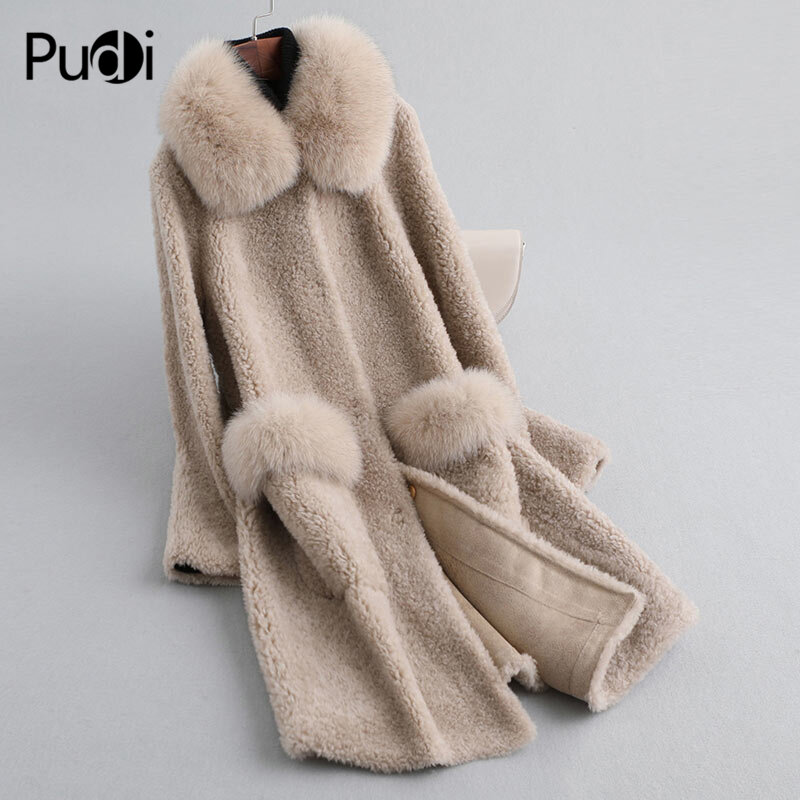 A19038 Pudi Women Real Wool Fur Coat Jacket Winter Warm Female Real Sheep Shearing Over Size Parka With Real Fox Fur Collar