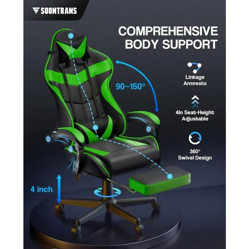 Kursi Game ergonomis dengan sandaran kepala dapat diatur dan penopang pinggang (hijau hutan) kursi Gaming Chaise pengiriman gratis kursi untuk meja
