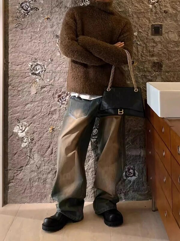 Reddc90 s Retro Skater celana longgar pria Hiphop kotor cuci tertekan ukuran besar lurus lebar kaki celana Harajuku Streetwear