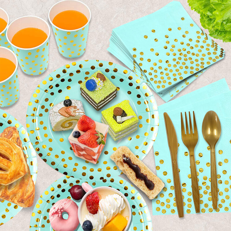 10 гостевых зеленых фотоэлементов, одноразовые бумажные тарелки в золотые точки, чашки, ножи для детского праздника, для свадьбы, дня рождения, вечеринки