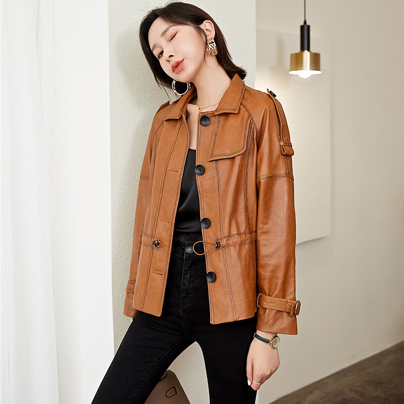 Natural Sheepskin Coat Women Lapel Single-Breasted Short Leather Jacket Korean Fashion Waist Closing Slim Chaquetas Bikers Mujer