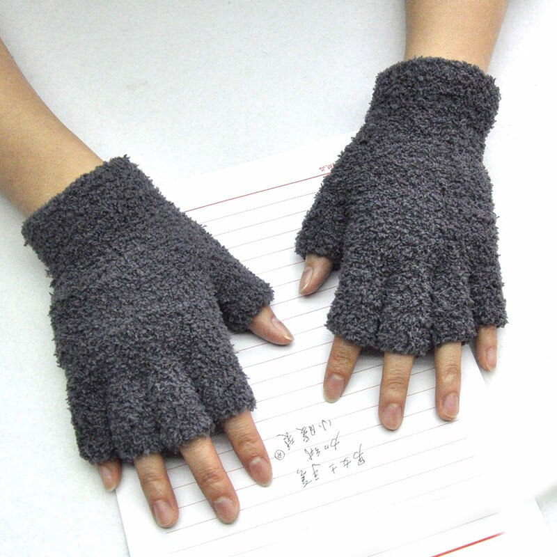 Guantes de invierno de lana de Coral sin dedos, 1 par, guantes de medio dedo, Color sólido, calentador de manos Unisex, manoplas de ciclismo para conducción al aire libre