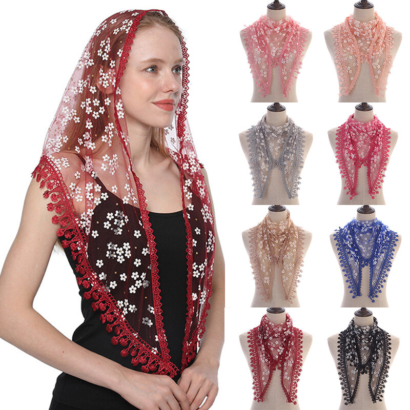 여성용 술 삼각형 스카프, 교회 기도회 숄, 자수 레이스 베일, 꽃무늬 헤드 커버 베일, 160x50cm