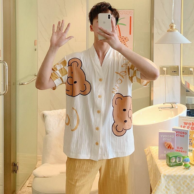 Youth Loose Home Service Suit Summer Pajamas Men's Thin High-grade Cotton Short-sleeved Shorts Cardigan Outside Sleepwear Set