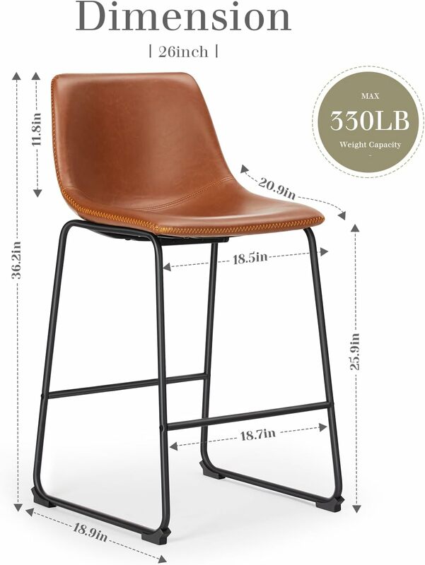 JHK 26 Inch Counter Height Bar Stools Set of 4 Modern Faux Leather High Barstools with Back and Metal Leg Brown