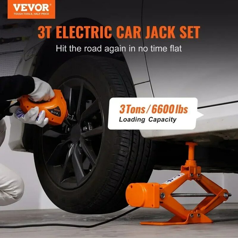 VEVOR-gato de suelo eléctrico para coche, juego de elevación de 3 toneladas, tijeras para coche cc 12V, gato con llave de impacto, Kit de servicio de herramientas de reparación de automóviles