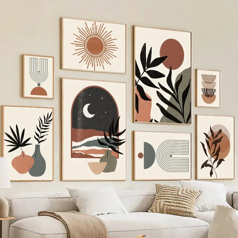 Daun bulan matahari pelangi geometris Nordik poster seni dinding dan cetakan kanvas lukisan galeri gambar untuk ruang tamu dekorasi dinding