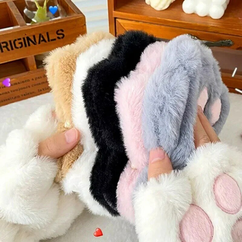 Women's Girls' Cat Claw Paw Plush Mittens Warm Soft Plush Short Fingerless Fluffy Bear Cat Gloves Costume Half Finger Party Gift