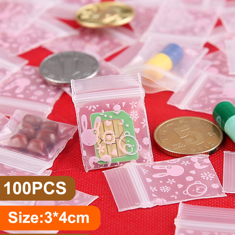 Cute Cartoon Impressão Embalagem Bag, Ziplock Bag, Pill Packaging Bag, Thicken, Powder Packaging, Seal Bag, Jewelry Bag, 2.5x3cm, 100Pcs