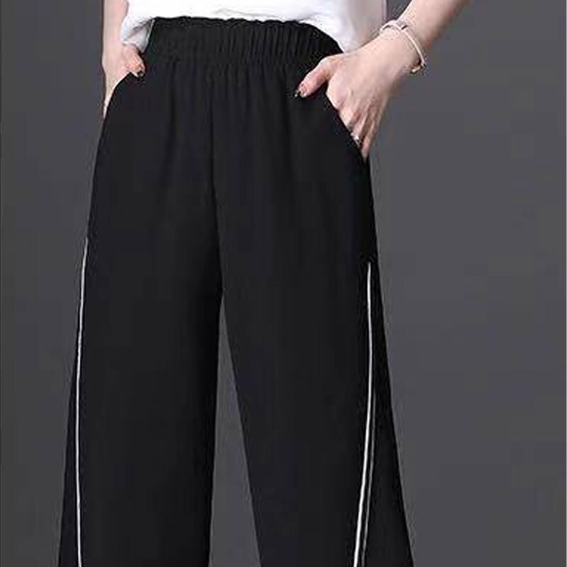 Pantalon élastique taille haute pour femmes, jambes larges, vêtements solides pour femmes, mode estivale, épissé, décoration de ligne lumineuse, Fjj