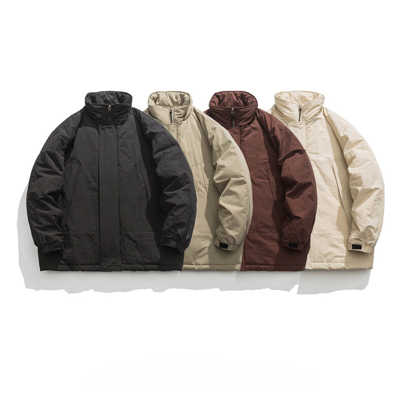 Jaket parka pria Retro Jepang, jaket parka pasangan hangat tebal tahan angin merek trendi katun kerah berdiri gaya fungsional sederhana