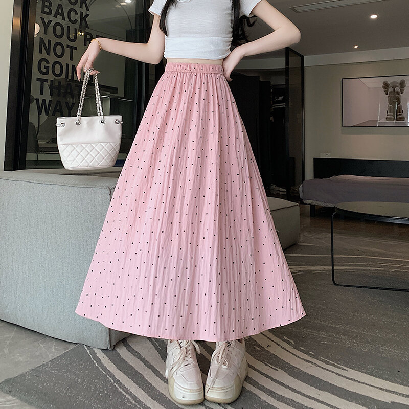 Elegant Polka Dot Skirt Women'sSummer Fashion Elastic High Waist Cotton Linen Skirts Female A- Line Slim Fit Long Faldas Mujer