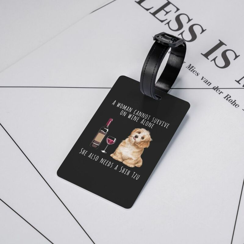 Custom Shih Tzu And Wine Funny Dog Luggage Tag With Name Card Pet Puppy Lover Privacy Cover ID Label for Travel Bag Suitcase