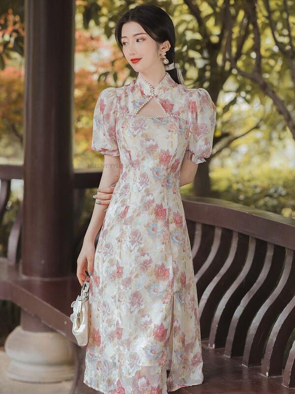 Cheongsam de renda clássico feminino, vestido elegante senhora, estilo chinês, Qipao oriental, vestido feminino elegante melhorado
