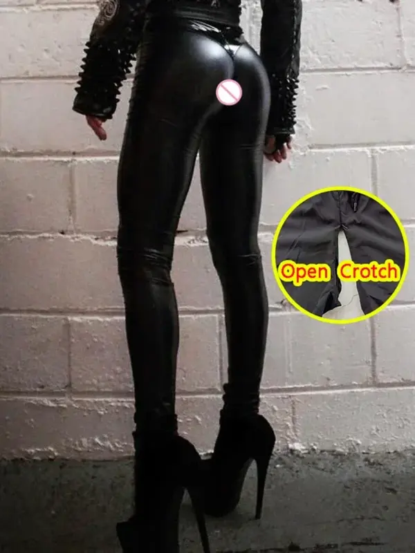 Kobieta seksowne otwarte krocze spodnie ze skóry PU czarne gotyckie punkowa skórzana spodnie bez krocza elastyczny tyłeczek obcisłe podwójny zamek błyskawiczny klub Streetwear