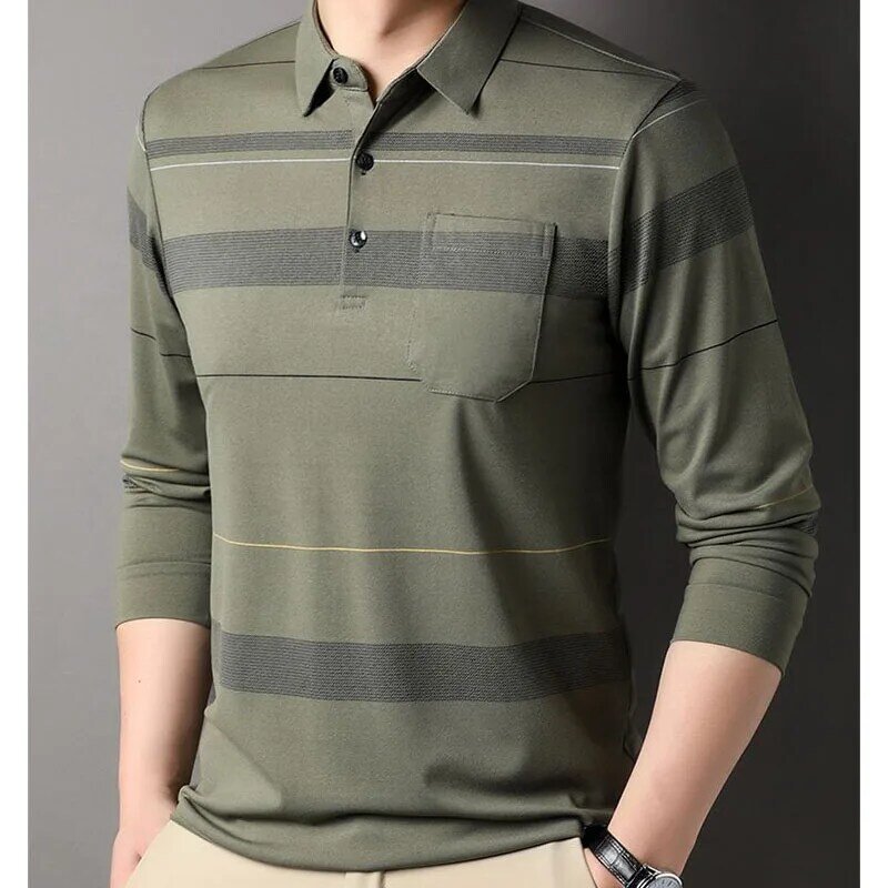 Wiosenna jesienna luźna męska koszulka z dekoltem Polo 2023 modna biurowa bluza z w paski długie rękawem odzież męska