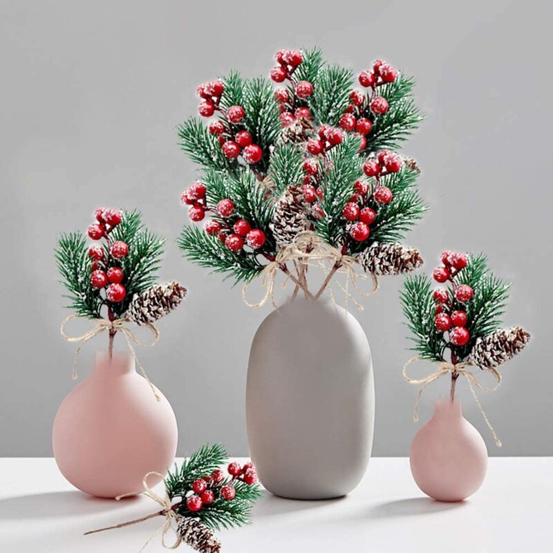 Red Berry Stems Pine Branches Evergreen Christmas Berries Decor 8 PCS Artificial Pine Cones Branch Craft Wreath Pick