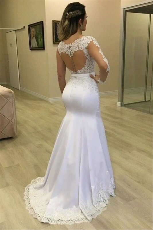 2023 Sheer Long Sleeves Mermaid Wedding Dresses See Through Back Custom Made Appliques Bridal Gowns Modest Vestidos De Novia
