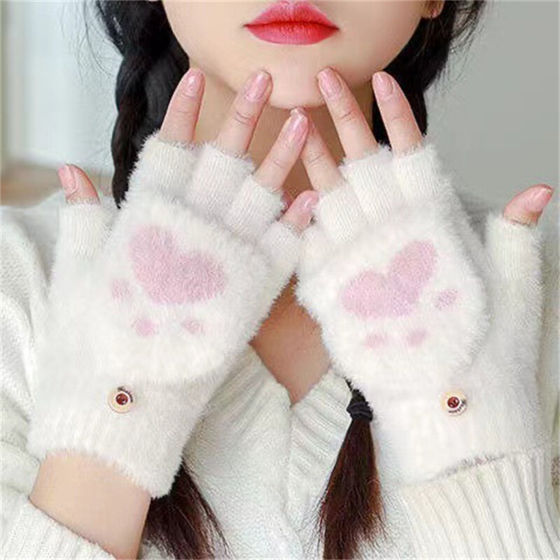 Sarung tangan kucing lucu cakar beruang wanita anak perempuan cantik hangat tanpa jari sarung tangan tahan musim dingin tebal berbulu setengah jari hadiah Natal