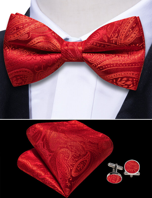Cummerbund de seda vermelha para homens, gravata-borboleta Paisley, lenço, abotoaduras, festa do noivo, negócios, Barry Wang, requintado, 1070