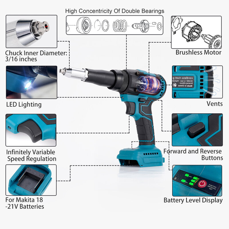 Elétrica Rivet Gun Brushless Sem Fio Rivet Nut Gun Poder Sem Fio Recarregável Auto Rebiting Drill Tool 20V Para Makita Bateria